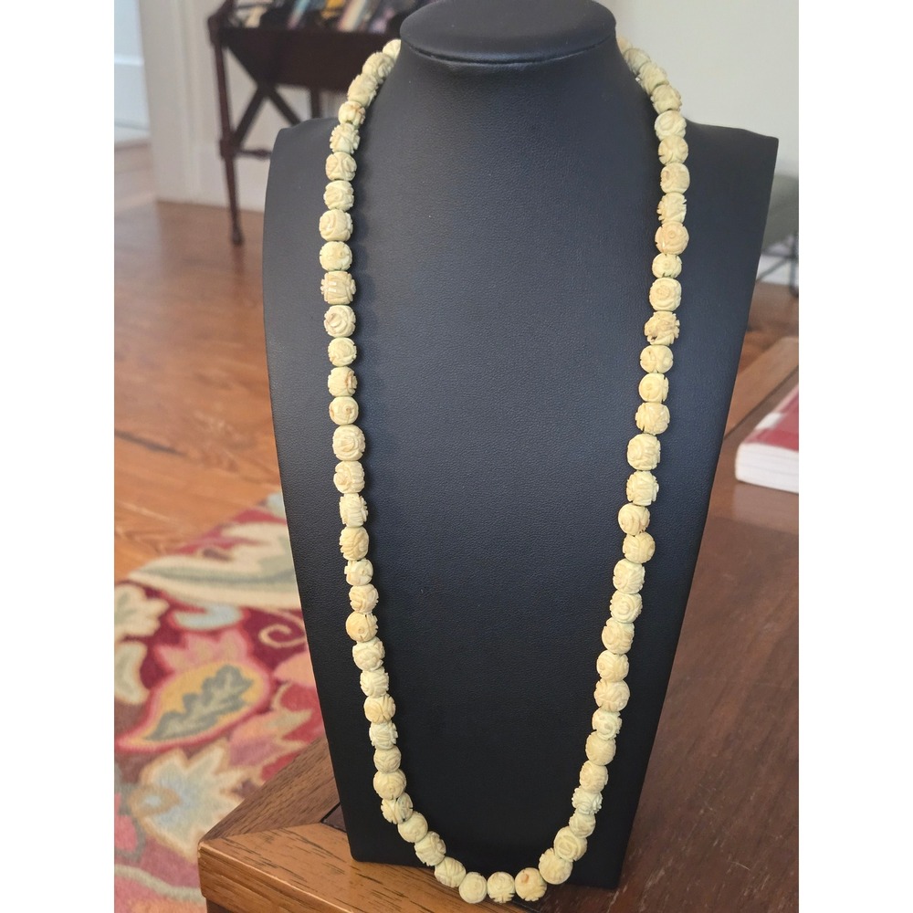 Carved Celluloid or Bone Rose Floral Necklace Vintage